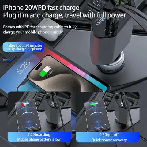 4-IN-1 Retractable Car Charger Cable Dual Port USB C PD Type C Charging Adapter