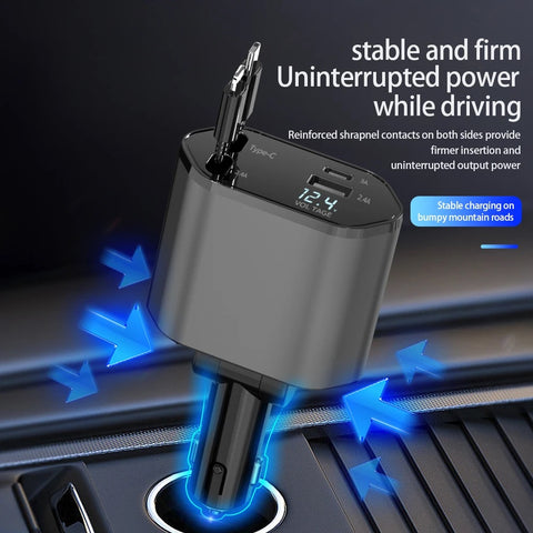 4-IN-1 Retractable Car Charger Cable Dual Port USB C PD Type C Charging Adapter